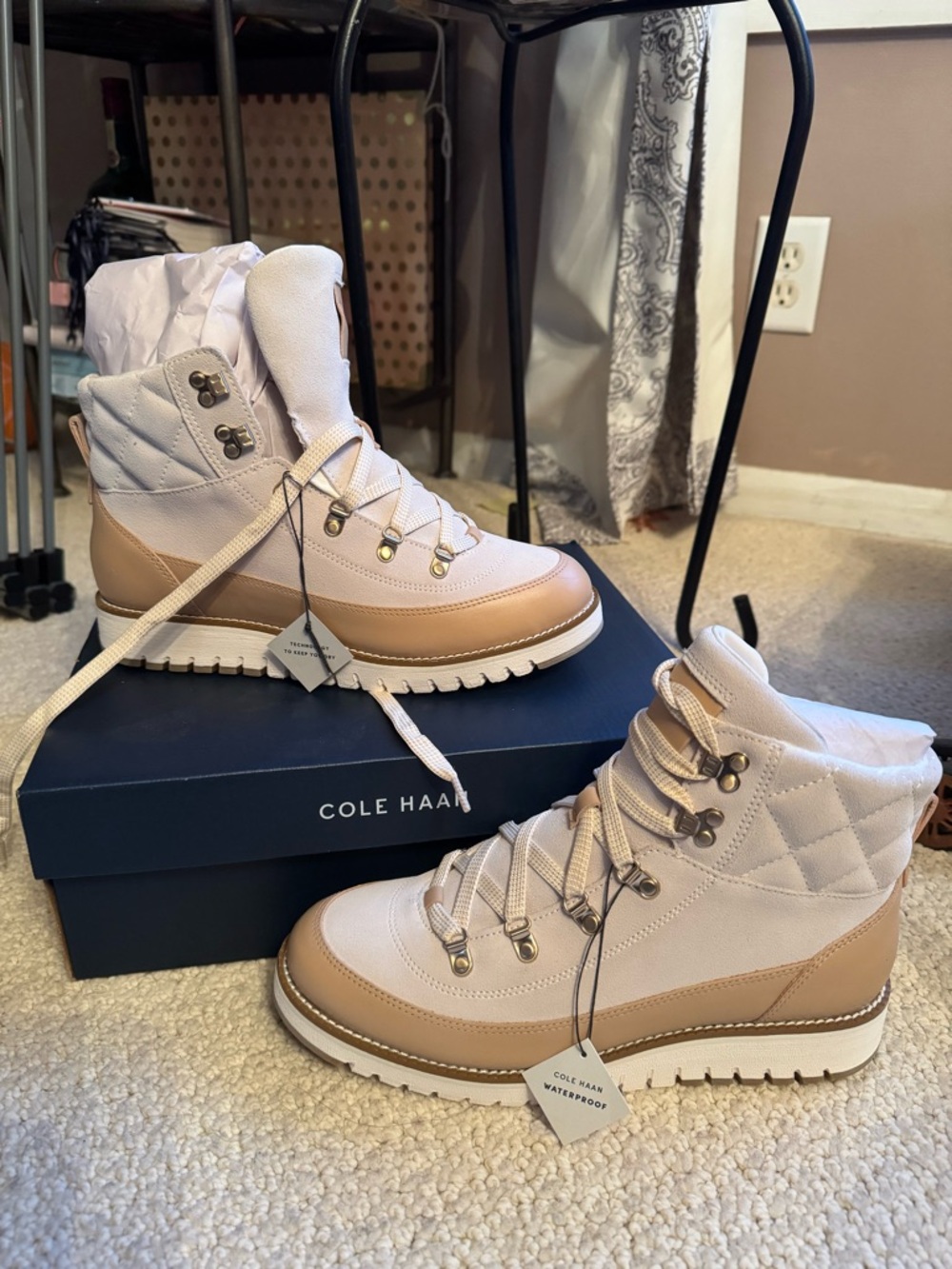 Cole Haan Beige and White Quilted Lace-Up Hiking Boots